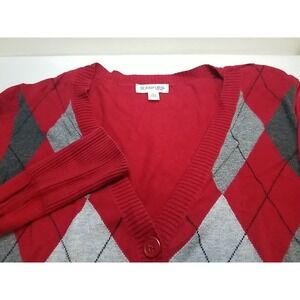 St Johns Bay Womens Small Red Argyle V Neck Button Up Cardigan Sweater